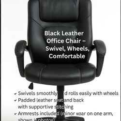 Black Leather Office Chair – Swivel, Wheels, Comfortable