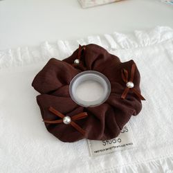 Brown with 3 pearl decorated ribbon scrunchie/hair tie