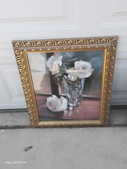 Framed White Roses Still Life Painting
