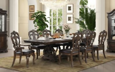 Brand New Brown 9pc Formal Dining Table Set