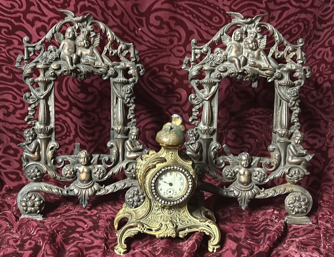 Antique Cast Iron Cherub Frames And Antique Clock