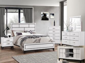WHITE Queen Size bedroom set includes queen bed, dresser, mirror and nightstand. Mattress set, chest and extra nightstand available.