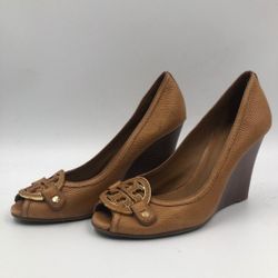 Tory Burch Designer Peep Toe Amanda Brown Tan Wedge Heel Pump 8