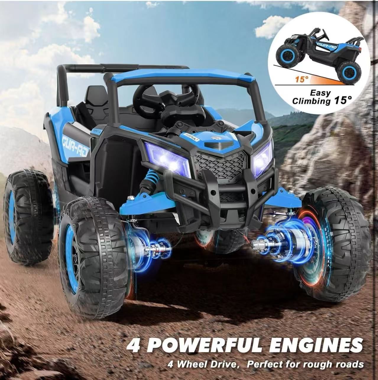 12V with Off-road Electric Battery, 4x4 Electric Vehicle with 4 Powerful Motors blue $160