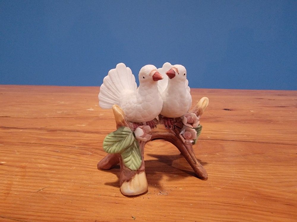 Ceramic Courtship Doves Figurine on Branch with Pink Flowers