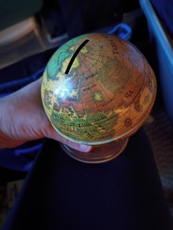 Vintage Antique Globe Metal Toy Money Coin Safe Trinket Box Piggy Bank 64024