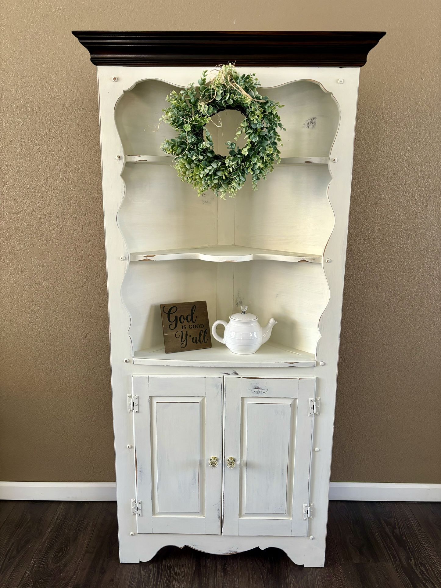 ❤️ farmhouse corner cabinet shelves console bookshelf china hall entryway 