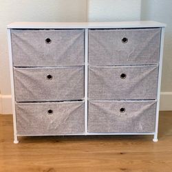 6-Bin Fabric Storage Dresser – White Frame, Gray Bins