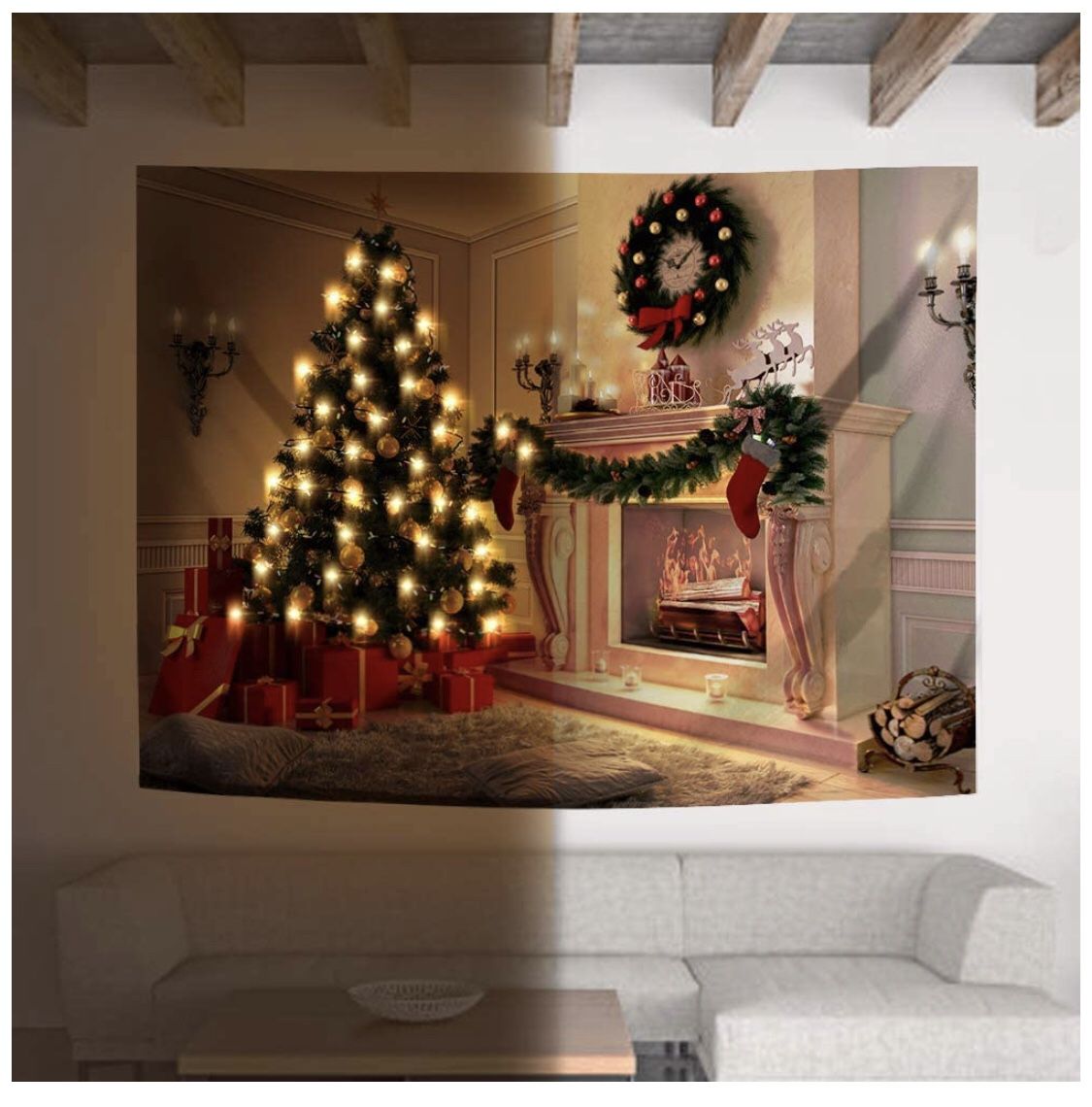 New Year Wall Hanging (M:W 59.1"×H 51.2", Christmas) Tapestry with String Light for Home Decor (pick up only)
