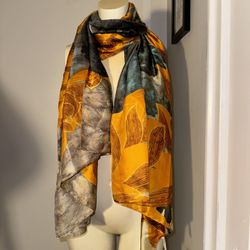 Bon Voyage Yellow Orange Multi Silk Feel 100% Polyester Oblong Scarf Shawl Wrap