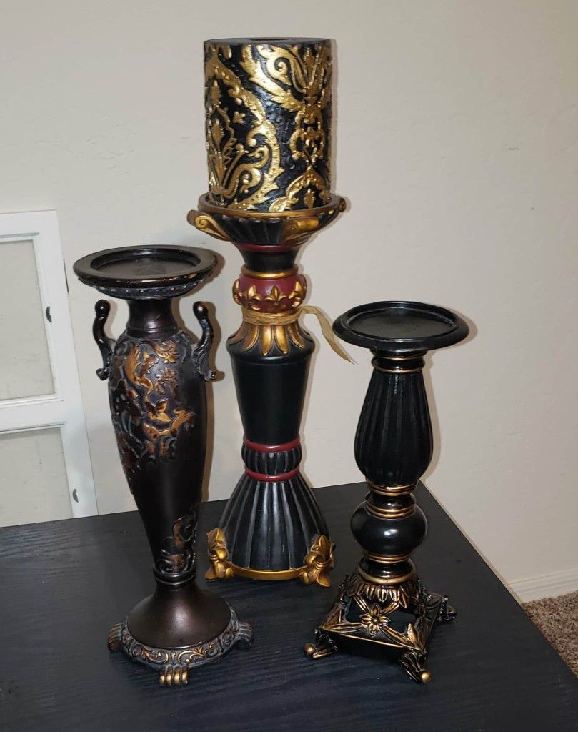 X4 HIGH QUALITY GOLD BLACK RED ORNATE DAMASK FLORAL FOOTED CANDLE PILLER DISPLAY HOLDER TABLE DECOR SET