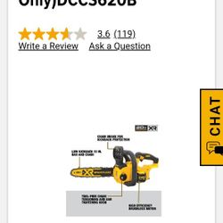 DEWALT 20V MAX 12-inch compact brushless cordless chainsaw (model DCCS620B). 