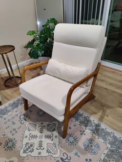 Cream Corduroy Accent Chair with Wood Arms