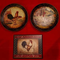 HEAVY DECORATIVE ROOSTER 10" PLATES AND WALL PLAQUE PICTURE-slight Scratch On Pic 