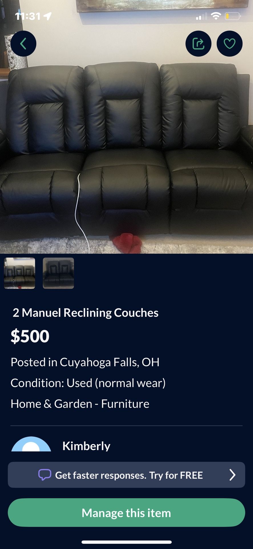 Couch Manuel Recliner Faux Leather