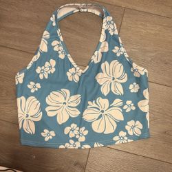 Blue Halter Top With Flower Details Size XL