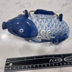 Blue And White Porcelain Fish Shaped Teapot With Wicker Handle