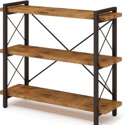 Bookshelf, 3-Tier Industrial Bookcase, Rustic Open Book Shelf, Wood and Metal Horizontal Bookshelves