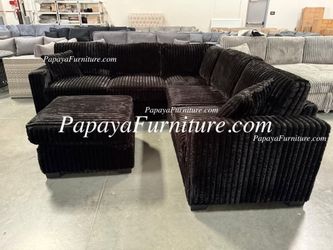 NEW Modern Classic Black Fabric Corner Sectional Sofa and Ottoman Set Ashley style Dark Chocolate Discount Furniture Warehouse Clearance Teddy Bear