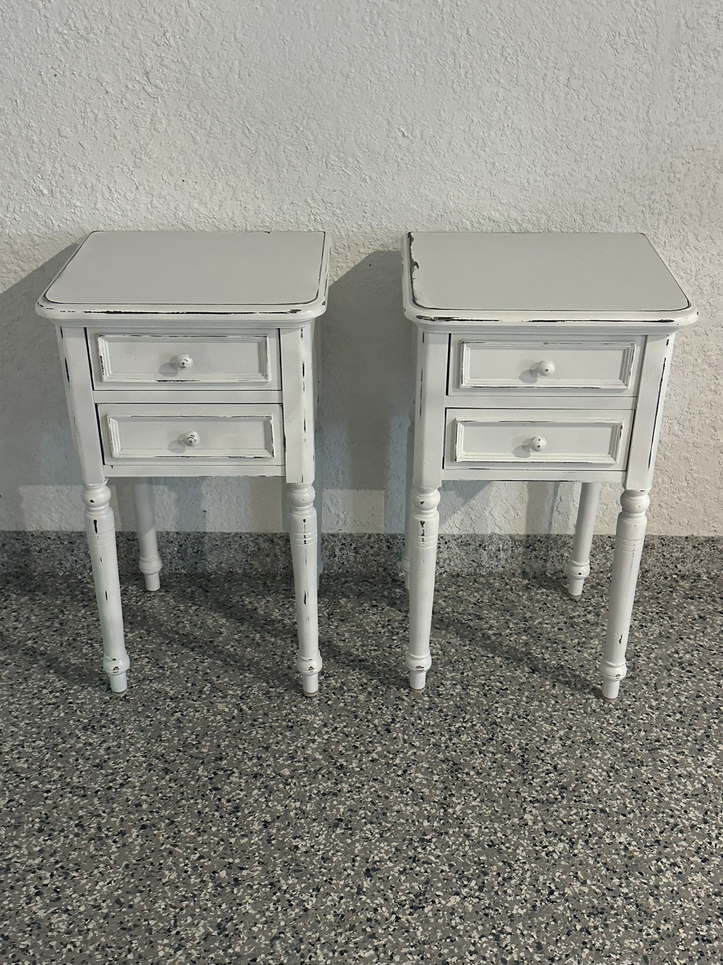 2 Distressed, White End Tables With Drawers