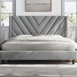 Full Sized Velvet Bed Frame Light Gray
