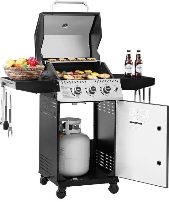 Royal Gourmet GG3001H 3 Burner Propane Gas Grill with Warming Rack, Cabinet Style Gas BBQ Grill with 30,000 BTUs Output for Barbecue Grilling & Backya