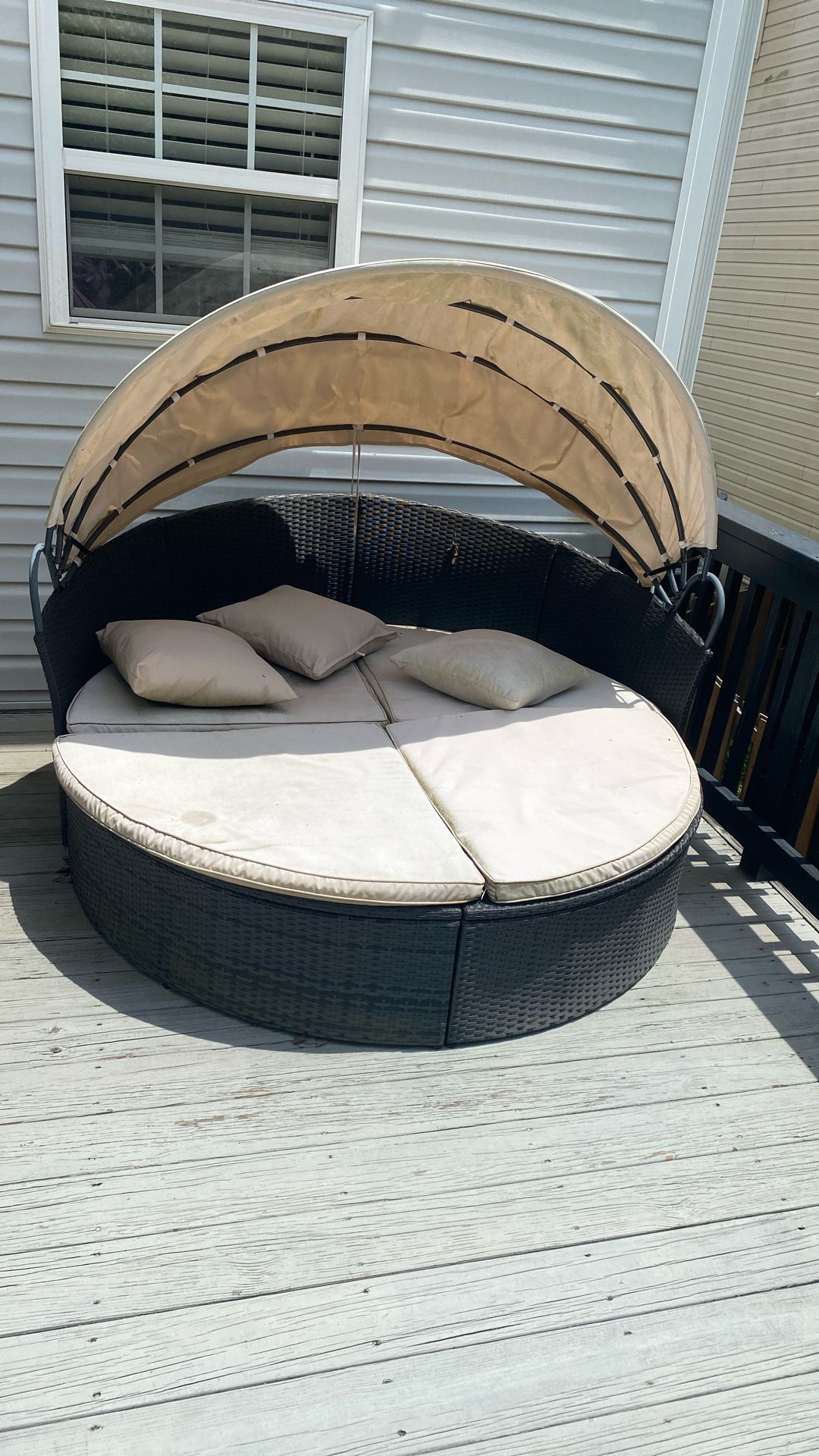 Large Tan Daybed with Shaded Canopy + Pillows – $150