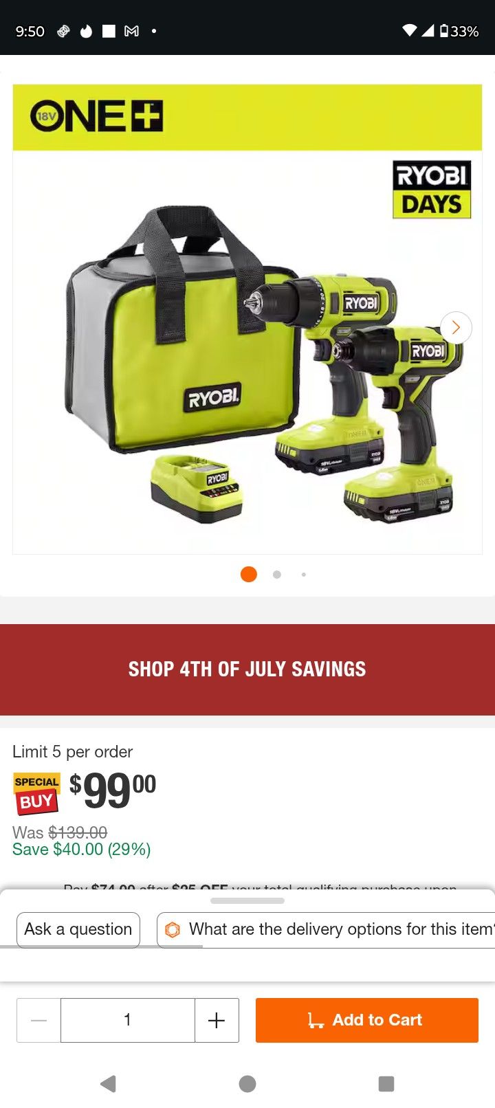 BRAND NEE/ Factory Sealed RYOBI
ONE+ 18V Cordless 2-Tool Com-] mbo Kit with Drill/Driver, Impact Driver, (2) 1.5 Ah Batteries, and Charger