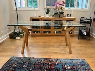 Crate & Barrel Strut Teak Glass Top Dining Table