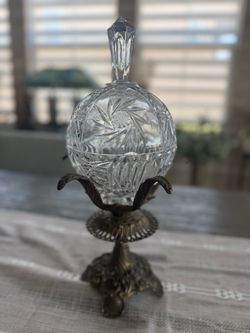 16” Vtg Cut Glass Candy Dish/w Lid Ornate Gold Tone Base Mid Century Elegant Decor