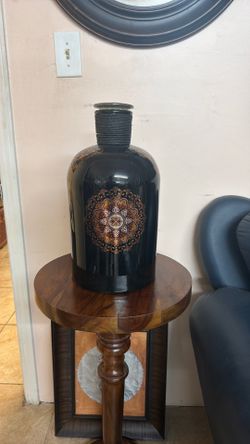 Home accent glass jar, floor vase,lid with leave design, orange and gold mandala-style design