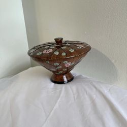 RARE Vtg Italian Footed Candy Bowl Handpainted Pedestal Wood Grain Embossed Vine