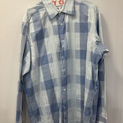 Bugatchi Men’s XL LS Dress Shirt - 100% cotton Blue/White Plaid Pattern 