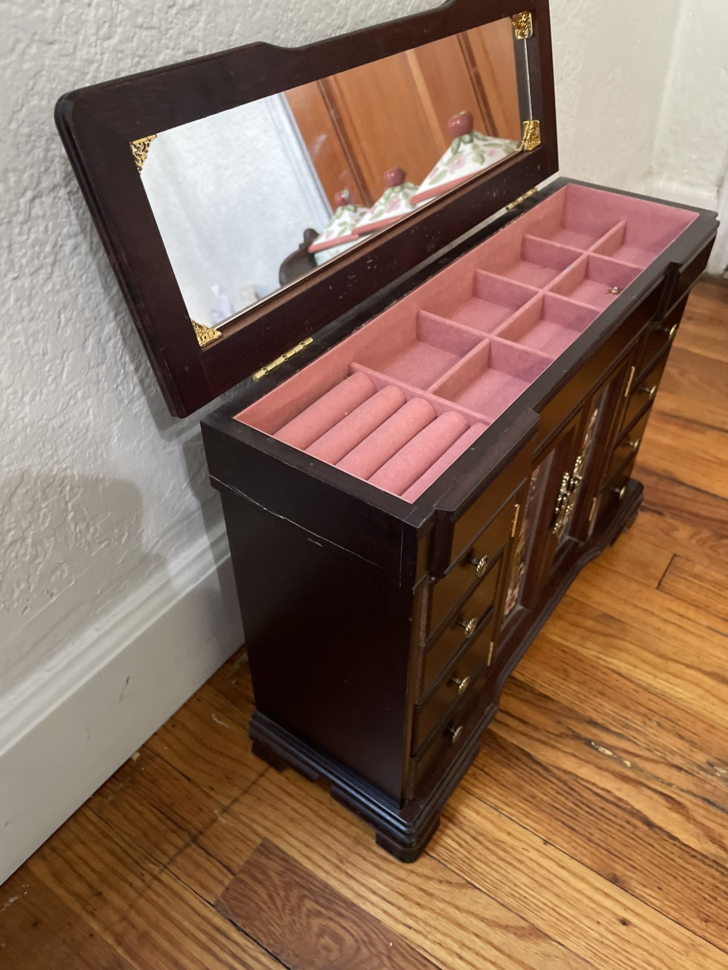 Jewelry Box Cherry Wood w/Etched Rose Armoire-Style Doors