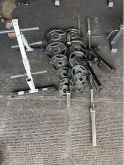 Olympic weights 245lbs plus 7ft 45lbs bar and curl bar plus weight tree