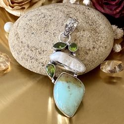 Chrysoprase, Biwa Pearl And Peridot 925 Sterling Silver Overlay Pendant