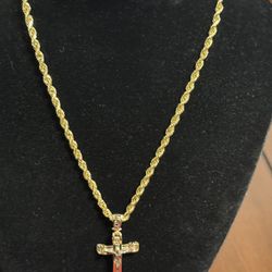 New 18k Gold  🇮🇹 High Polish Rope Chain and Cross Pendent