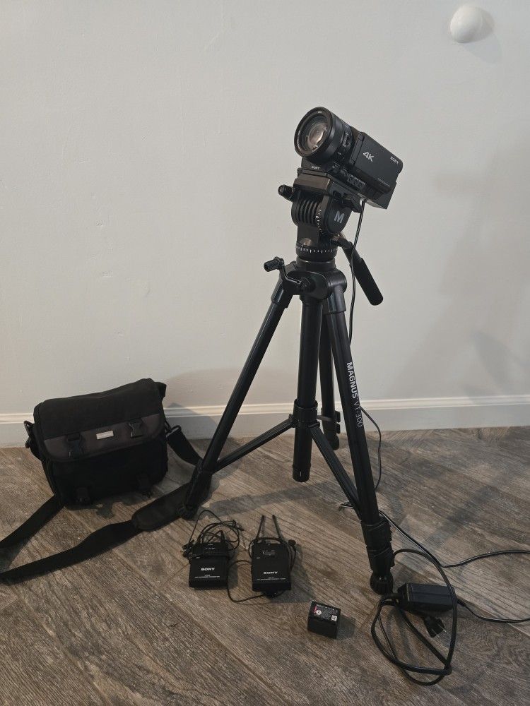 Sony FDR-AX100 4K Video Recorder, Tripod, Lavalier Mic