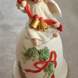 Angel Christmas Bell Homco 5213 Bisque Ceramic Vintage Figurine Red Bow 5.5" 
