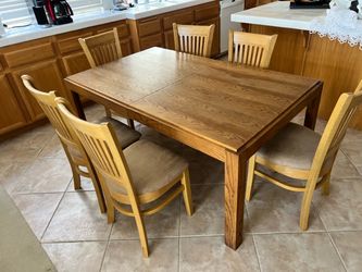 Oak Dining Table Set with 6 Chairs and Extra Leaf