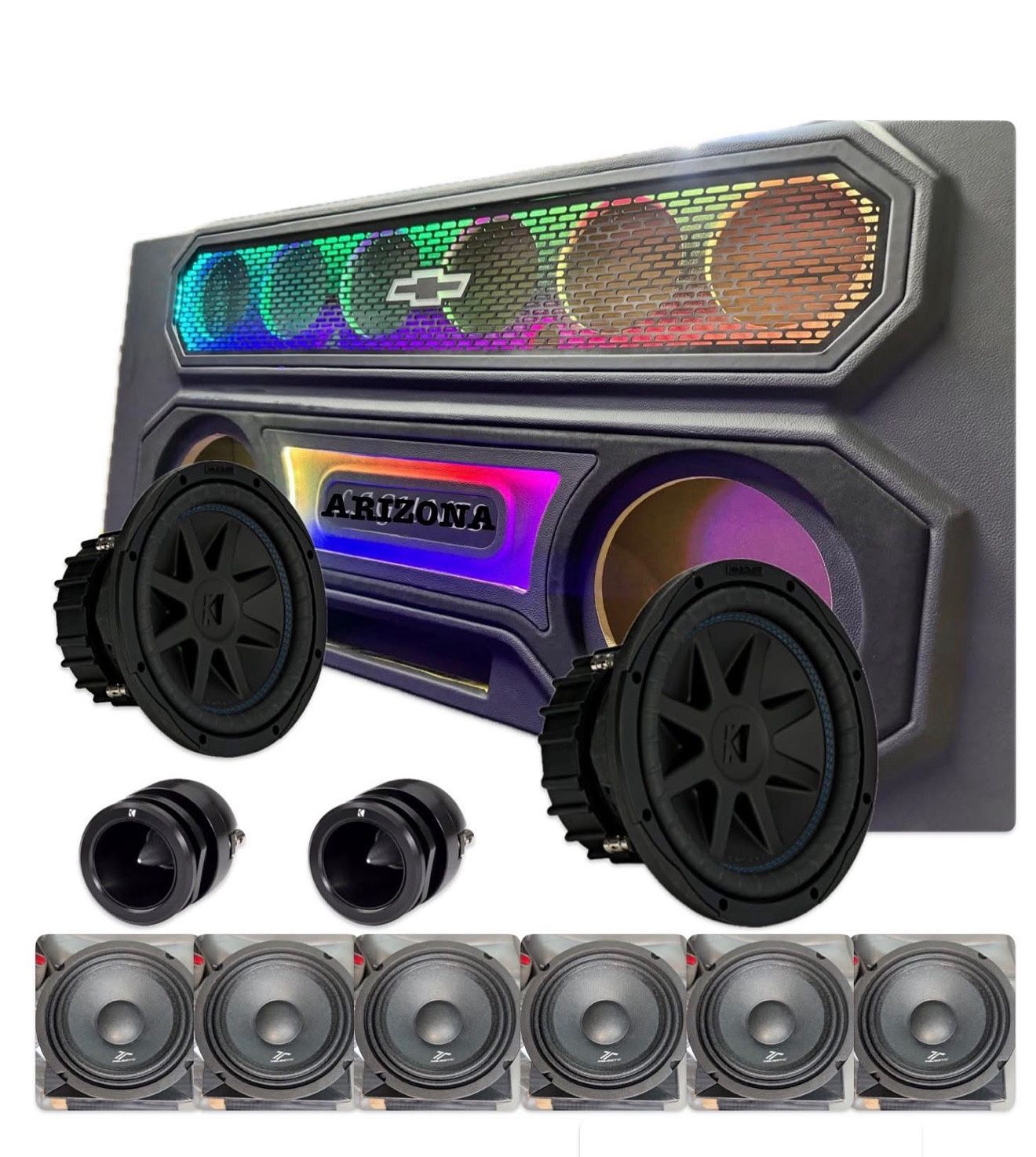 NEW CUSTOM BOX RGB LIGHTS FOR SINGLE CAB TRUCKS MIDRANGE SPEAKERS TWEETERS SUBWOOFERS INCLUDE 