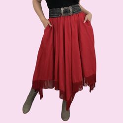 Vintage 90s Vibrant Red Western Cowgirl Fringe Hem High Waist Prairie Midi Skirt