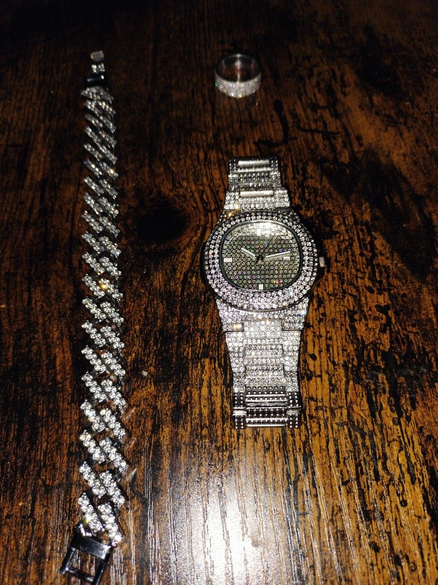 Iced Out Watch/Bracelet/Ring Set I Can Special Order Custom Sizes For Ring If You Need I Have 4 Sets For Sale Right Now