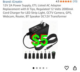 12V 2A Power Supply, ETL Listed AC Adapter Replacement with 8 Tips, Regulated 12 Volts 2000mA Cord Charger for LED Strip Light, CCTV Camera, GPS, Webc
