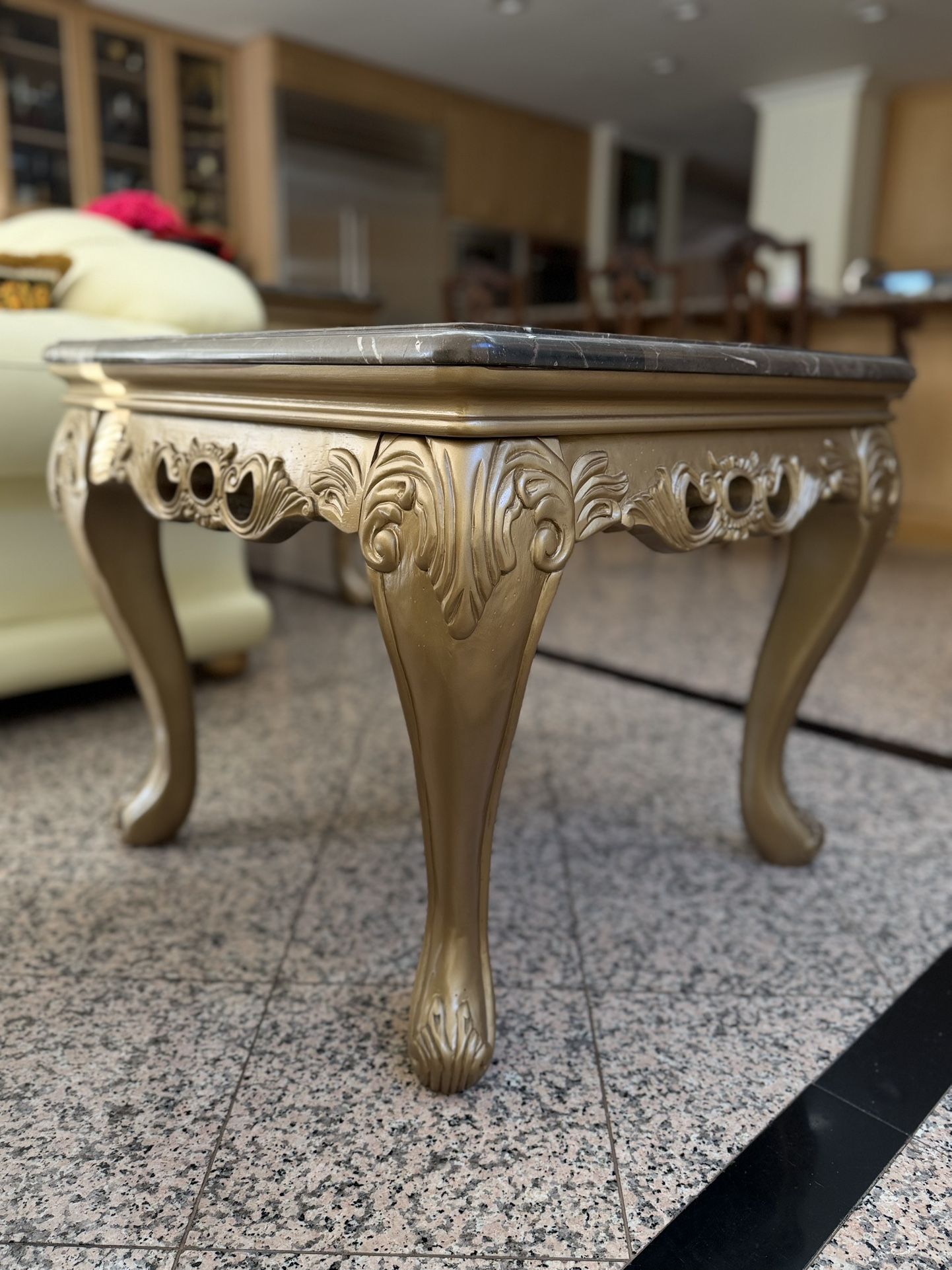 Solid Wood Carved Accent Table with Marble Top – 27” x 27” x 24”