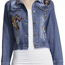 Saks Fifth Avenue Denim Jacket Size Small Patches Ripped Jean Distressed Embroidered Butterfly
