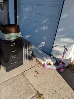 Free kids scooter, filing cabinet, bed bumpers, two baskets, and foam floor mats