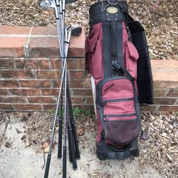 Red and Black Spaulding Golf Bag with Clubs