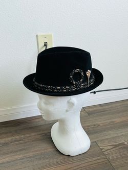 Black Braided Trim Wool Fedora Hat with Feather Accent
