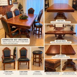 Traditional Extendable Wood Dining Table Set with 6 Chairs, 2 Stools & 2 Leaves